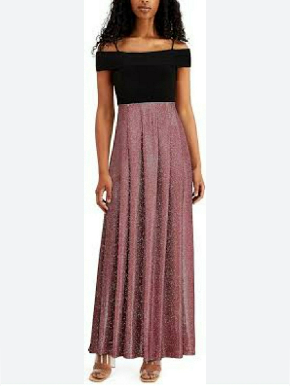 Morgan & Co. Off-Shoulder Black Top Sparkle Dusty Rose Maxi SkirtWomen Junior 7